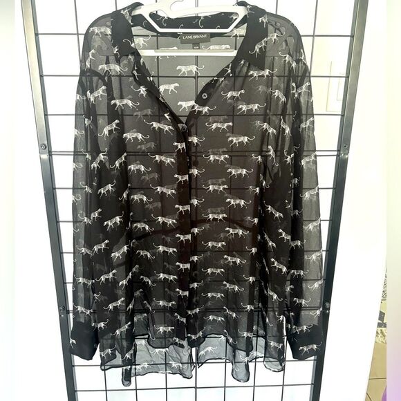 Lane Bryant Plus Size Black Sheer Top With White Cheetah Print EUC - Picture 1 of 12